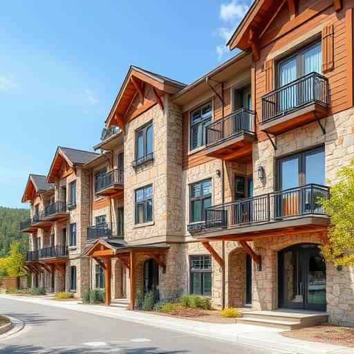 Complesso residenziale con facciate in pietra naturale e dettagli in legno