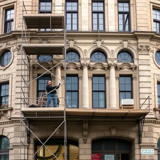 Edificio storico in fase di ristrutturazione della facciata con ponteggi e operai al lavoro