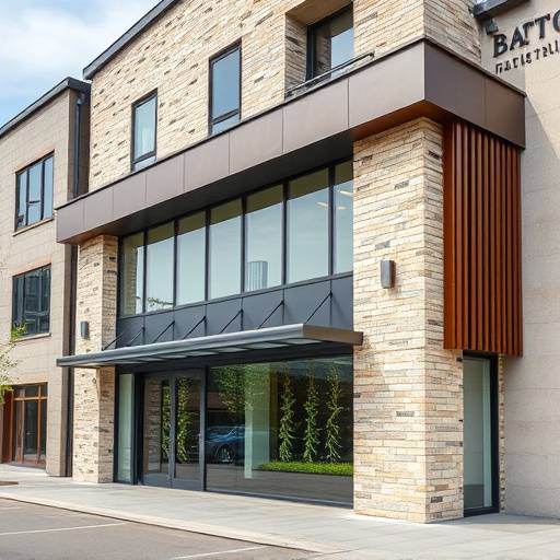 Facciata di un complesso commerciale con rivestimento in pietra naturale e acciaio corten