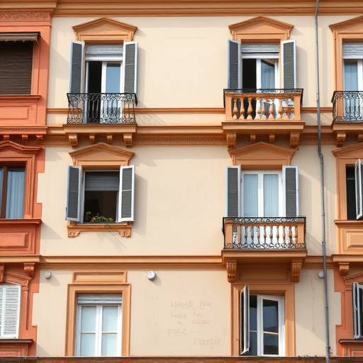 Facciata di un condominio a Roma con intonaco colorato e dettagli in terracotta