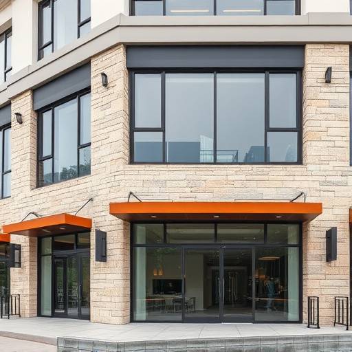 Facciata di un edificio commerciale con rivestimento in pietra naturale e elementi in acciaio corten