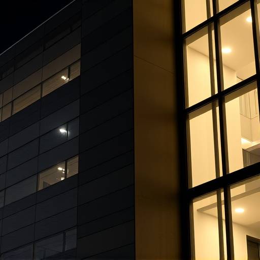 Facciata di un edificio moderno splendidamente illuminata di notte, con luci soffuse che ne esaltano le texture e le linee architettoniche