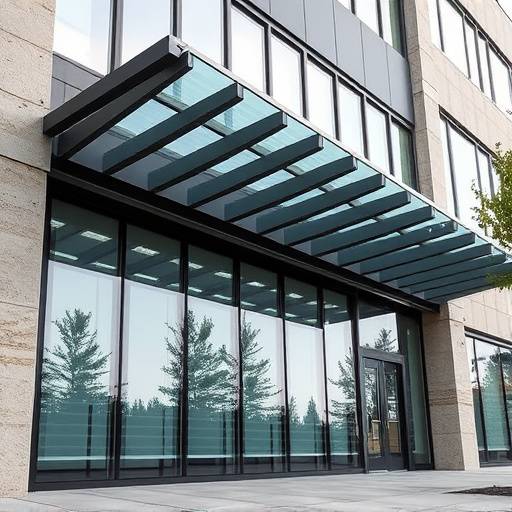 Facciata di un edificio per uffici con sistema di brise soleil personalizzato e rivestimento in vetro