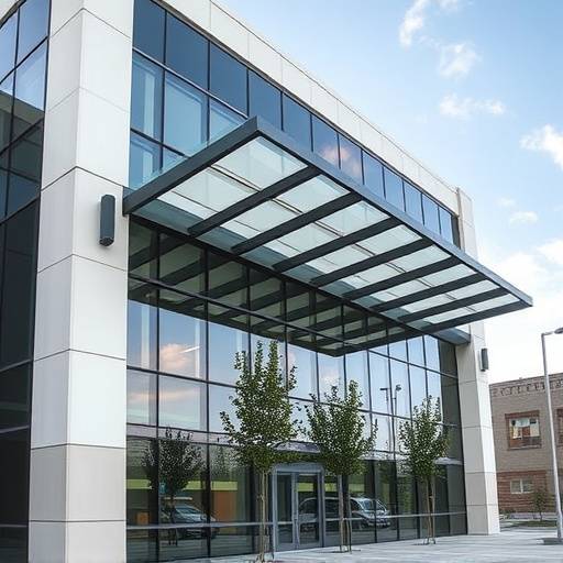 Facciata di un edificio per uffici con sistema di brise soleil personalizzato e rivestimento in vetro