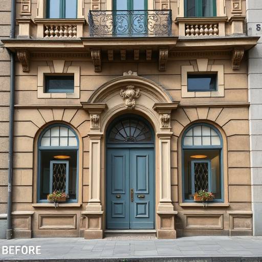Facciata di un edificio storico ristrutturato con recupero degli elementi originali e nuove finiture in resina