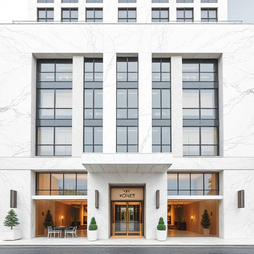 Facciata di un hotel di lusso con finiture in marmo bianco e design minimalista