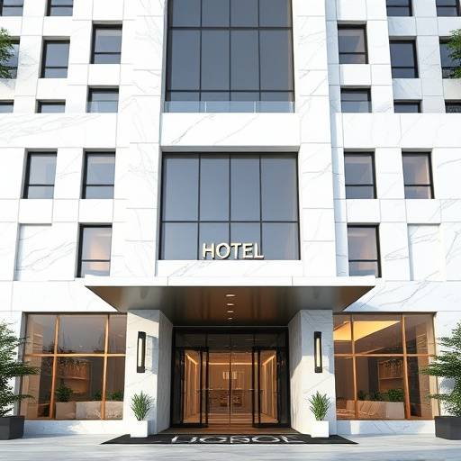 Facciata di un hotel di lusso con finiture in marmo bianco e design minimalista