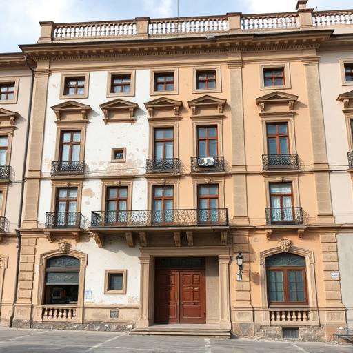 Facciata di un palazzo storico in fase di restauro, con aree di intonaco rimosso e nuove finiture in fase di applicazione