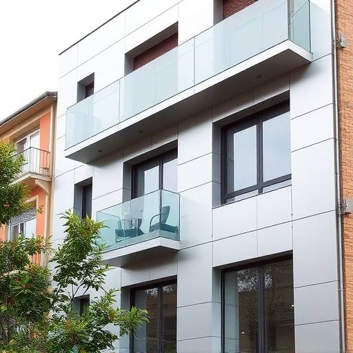 Facciata moderna con pannelli in alluminio e ampie vetrate su un edificio residenziale a Roma