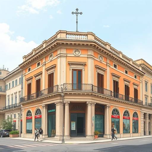 Illustrazione di una facciata storica romana restaurata con elementi moderni