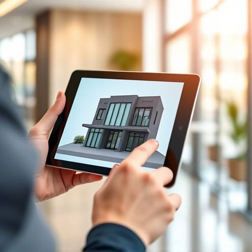 Persona che osserva rendering 3D di una facciata su un tablet