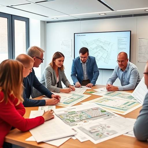 Riunione di un team multidisciplinare attorno a un tavolo, con progetti e modelli 3D di facciate