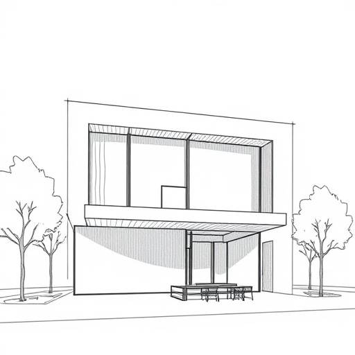 Schizzo di design di una facciata moderna con linee pulite e materiali innovativi
