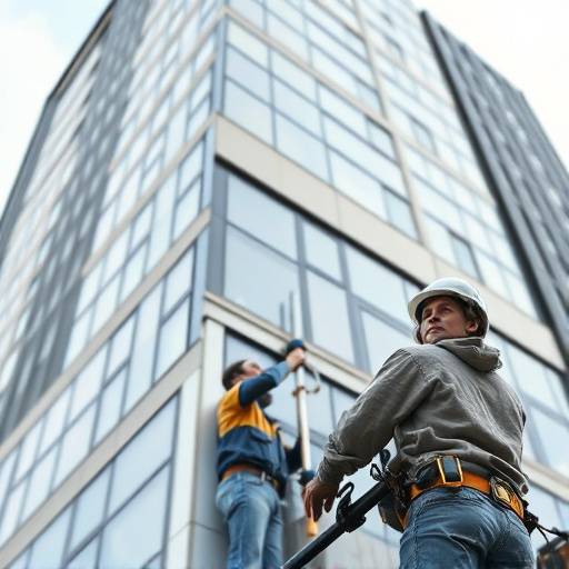 Squadra di operai esperti mentre installa pannelli di rivestimento su una facciata di un edificio moderno e alto