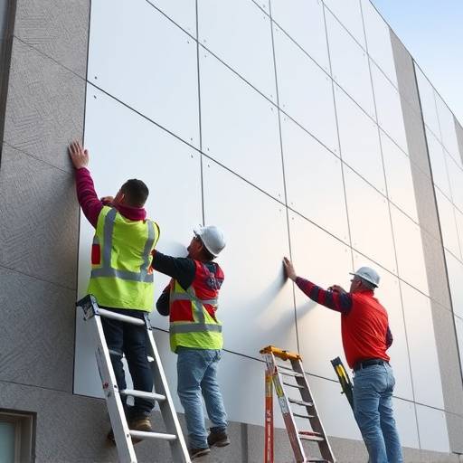 Team di professionisti al lavoro sull'installazione di pannelli di facciata